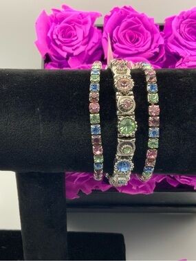 Women Multicolor Crystal Bracelet Trio Bracelet Stack - Sparkling Pastel Stones